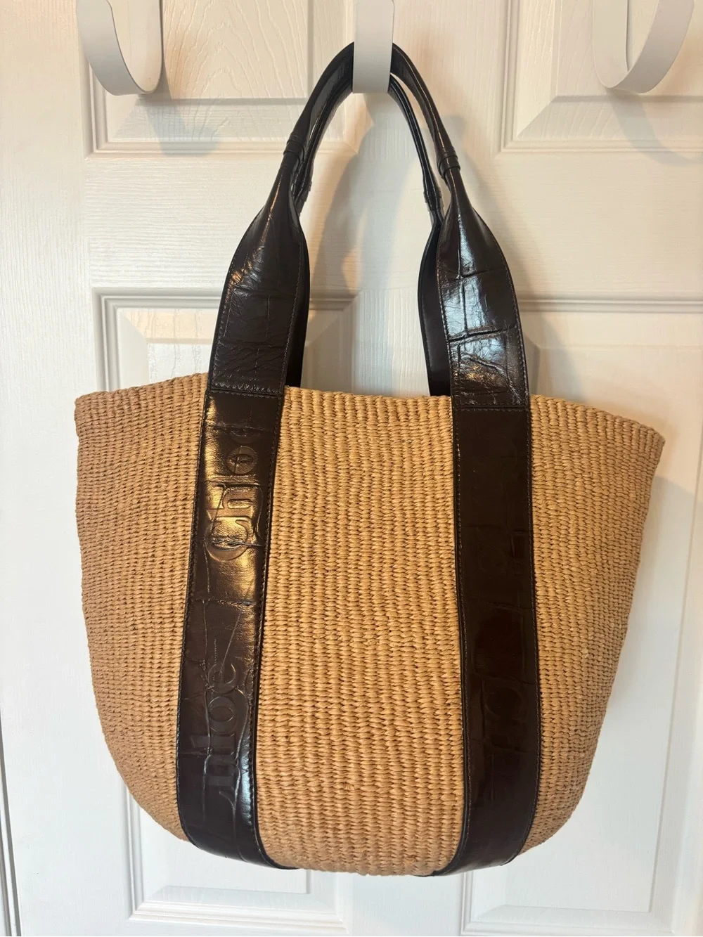 Chloe Tan Straw Tote with Dark Brown Leather Straps